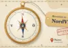 Illustration av en kompass i mässing på ett gammalt sjökort, där nålen pekar mot norr och ett hänglås sitter i mitten, med en bagagelapp märkt ”Recension av NordVPN” och stämpeln ”Granskad hösten 2026”, en kartnål vid ”Panama – juridiskt säte” och streckade linjer till serverpunkter runt om.