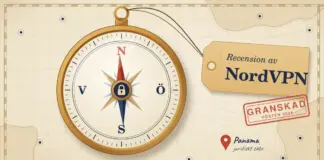 Recension av NordVPN Illustration av en kompass i mässing på ett gammalt sjökort, där nålen pekar mot norr och ett hänglås sitter i mitten, med en bagagelapp märkt ”Recension av NordVPN” och stämpeln ”Granskad hösten 2026”, en kartnål vid ”Panama – juridiskt säte” och streckade linjer till serverpunkter runt om.