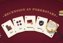 Recension av PokerStars Illustration av ett vinrött pokerbord med rubriken ”Recension av PokerStars” i en guldbåge ovanför fem solfjäderformade spelkort märkta ”Ägare”, ”Spel”, ”Betalningar”, ”Säkerhet” och ”Licens”, där ett förstoringsglas granskar ett certifikat med texten ”Svensk licens”, bredvid marker och en spelmark märkt ”18+”.