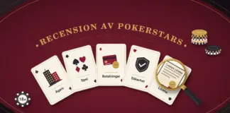 Recension av PokerStars Illustration av ett vinrött pokerbord med rubriken ”Recension av PokerStars” i en guldbåge ovanför fem solfjäderformade spelkort märkta ”Ägare”, ”Spel”, ”Betalningar”, ”Säkerhet” och ”Licens”, där ett förstoringsglas granskar ett certifikat med texten ”Svensk licens”, bredvid marker och en spelmark märkt ”18+”.