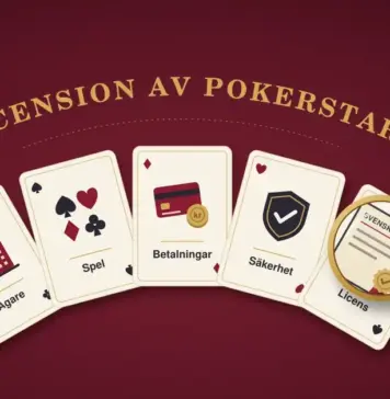 Recension av PokerStars Illustration av ett vinrött pokerbord med rubriken ”Recension av PokerStars” i en guldbåge ovanför fem solfjäderformade spelkort märkta ”Ägare”, ”Spel”, ”Betalningar”, ”Säkerhet” och ”Licens”, där ett förstoringsglas granskar ett certifikat med texten ”Svensk licens”, bredvid marker och en spelmark märkt ”18+”.