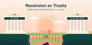 Recension av Trustly Illustration av två klassiska bankbyggnader märkta ”Din bank” och ”Butikens bank” på var sin klippa, förbundna av en limegrön bro med ett hänglås där ett kronmynt rullar över, medan ett betalkort sjunker i floden under och rubriken lyder ”Recension av Trustly”.