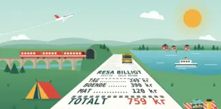 Resa billigt – så sänker du kostnaden för transport, boende och mat Illustration av ett långt kvitto märkt ”Resa billigt” som ligger som en väg genom ett sommarlandskap med raderna tåg, boende, mat och totalt 759 kr, omgivet av ett rött tåg på en viadukt, en buss, ett flygplan, en färja vid röda stugor, ett tält och en picknick med matlåda och termos.