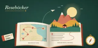 Reseböcker: topplista och guide till reseguider och reseskildringar Illustration av en uppslagen resebok där vänstersidan visar en reseguidekarta med en streckad rutt mellan fem numrerade platser och högersidan, märkt ”Reseskildring”, fälls upp till ett pop up-landskap med berg, sol, granskog och en röd stuga, med en tågbiljett och en kompass på det mörkgröna bordet.