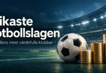 En fotboll och tre staplar med guldmynt på en upplyst fotbollsarena med texten ”Rikaste fotbollslagen – Världens mest värdefulla klubbar”.