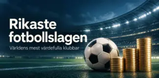 En fotboll och tre staplar med guldmynt på en upplyst fotbollsarena med texten ”Rikaste fotbollslagen – Världens mest värdefulla klubbar”.