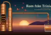 Rom från Trinidad: historia, destillerier och kända romer Illustration av en kopparfärgad kolonnpanna med uppskuren insyn i destillationsbottnarna, vars långa rör leder fram till ett glas mörk rom med is vid solnedgången över Trinidads kust, med röda ibisar i flykt, sockerrör i förgrunden och texten ”Rom från Trinidad – kolonndestillerad melassrom”.
