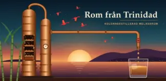 Rom från Trinidad: historia, destillerier och kända romer Illustration av en kopparfärgad kolonnpanna med uppskuren insyn i destillationsbottnarna, vars långa rör leder fram till ett glas mörk rom med is vid solnedgången över Trinidads kust, med röda ibisar i flykt, sockerrör i förgrunden och texten ”Rom från Trinidad – kolonndestillerad melassrom”.