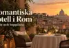Romantiska hotell i Rom – guide och topplista Romantisk takterrass med ett dukat bord för två och utsikt över Roms takåsar och Peterskyrkan i solnedgången, med texten ”Romantiska hotell i Rom – Guide och topplista”.