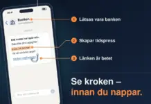 Så undviker du svindel online – känn igen och skydda dig mot bedrägerier Illustration av en mobiltelefon med ett falskt sms från ”Banken” där en fiskekrok har fastnat i länken banken-verifiera.xyz, med markeringarna Låtsas vara banken, Skapar tidspress och Länken är betet samt texten ”Se kroken – innan du nappar.”