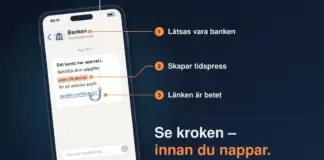 Så undviker du svindel online – känn igen och skydda dig mot bedrägerier Illustration av en mobiltelefon med ett falskt sms från ”Banken” där en fiskekrok har fastnat i länken banken-verifiera.xyz, med markeringarna Låtsas vara banken, Skapar tidspress och Länken är betet samt texten ”Se kroken – innan du nappar.”