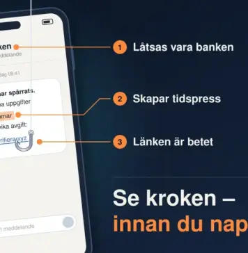 Så undviker du svindel online – känn igen och skydda dig mot bedrägerier Illustration av en mobiltelefon med ett falskt sms från ”Banken” där en fiskekrok har fastnat i länken banken-verifiera.xyz, med markeringarna Låtsas vara banken, Skapar tidspress och Länken är betet samt texten ”Se kroken – innan du nappar.”