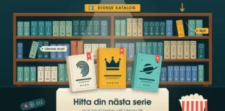 Serier på Netflix – så hittar du bra serier och tre klassiker att känna till Illustration av en bokhylla full av tv-serieboxar märkta med säsonger under skylten ”Svensk katalog”, där en ny box glider in med lappen ”Nytt” och en annan tippar ut med lappen ”Lämnar snart”, medan tre upplysta klassikerboxar med en krona, ett fingeravtryck och en planet står på en podest med texten ”Hitta din nästa serie”.