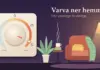 Slappna av hemma – bästa sätten att varva ner och återhämta dig Illustration av en stor dimmerknapp som vrids från ”Jobb” till ”Vila” längs en skala med ikoner för laptop, mobil, te, bad och måne, bredvid ett mysigt vardagsrum i kvällsljus med fåtölj, filt, golvlampa, växt och en ångande tekopp under rubriken ”Varva ner hemma”.