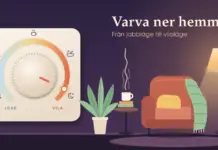 Slappna av hemma – bästa sätten att varva ner och återhämta dig Illustration av en stor dimmerknapp som vrids från ”Jobb” till ”Vila” längs en skala med ikoner för laptop, mobil, te, bad och måne, bredvid ett mysigt vardagsrum i kvällsljus med fåtölj, filt, golvlampa, växt och en ångande tekopp under rubriken ”Varva ner hemma”.