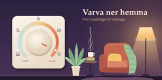 Slappna av hemma – bästa sätten att varva ner och återhämta dig Illustration av en stor dimmerknapp som vrids från ”Jobb” till ”Vila” längs en skala med ikoner för laptop, mobil, te, bad och måne, bredvid ett mysigt vardagsrum i kvällsljus med fåtölj, filt, golvlampa, växt och en ångande tekopp under rubriken ”Varva ner hemma”.