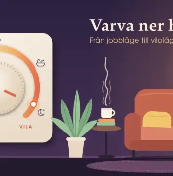 Slappna av hemma – bästa sätten att varva ner och återhämta dig Illustration av en stor dimmerknapp som vrids från ”Jobb” till ”Vila” längs en skala med ikoner för laptop, mobil, te, bad och måne, bredvid ett mysigt vardagsrum i kvällsljus med fåtölj, filt, golvlampa, växt och en ångande tekopp under rubriken ”Varva ner hemma”.