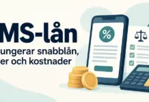 Illustration om SMS-lån med en mobiltelefon, mynt, miniräknare och en checklista som symboliserar regler och kostnader.