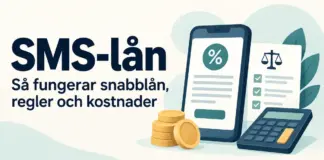 Illustration om SMS-lån med en mobiltelefon, mynt, miniräknare och en checklista som symboliserar regler och kostnader.