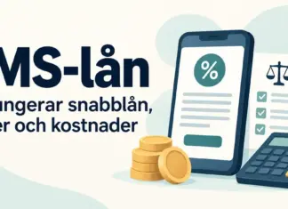 SMS-lån – så fungerar snabblån, regler och kostnader Illustration om SMS-lån med en mobiltelefon, mynt, miniräknare och en checklista som symboliserar regler och kostnader.