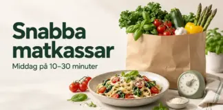 En matkasse med färska grönsaker, en tallrik pasta och en kökstimer bredvid texten ”Snabba matkassar – Middag på 10–30 minuter”.