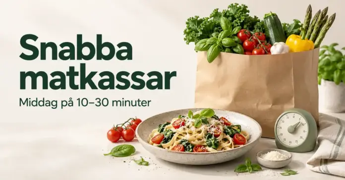 Snabba matkassar – snabblagade middagskassar för dig med ont om tid En matkasse med färska grönsaker, en tallrik pasta och en kökstimer bredvid texten ”Snabba matkassar – Middag på 10–30 minuter”.