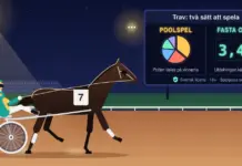Spelsajter för trav i Sverige: licens, poolspel och odds Illustration av en travhäst med sulky och kusk på en strålkastarbelyst travbana i kvällsljus, framför en resultattavla med rubriken ”Trav: två sätt att spela” som jämför poolspel, där potten delas på vinnarna, med fasta odds på 3,40, där utdelningen är känd direkt.