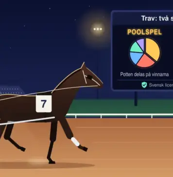 Spelsajter för trav i Sverige: licens, poolspel och odds Illustration av en travhäst med sulky och kusk på en strålkastarbelyst travbana i kvällsljus, framför en resultattavla med rubriken ”Trav: två sätt att spela” som jämför poolspel, där potten delas på vinnarna, med fasta odds på 3,40, där utdelningen är känd direkt.