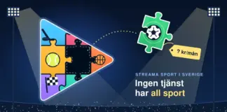 Streama sport i Sverige – tjänster, utbud och priser Illustration av en play-knapp byggd som ett pussel med bitar för hockey, tennis, motorsport och basket, där fotbollsbiten har lossnat och svävar iväg med en prislapp märkt ”? kr/mån” under strålkastarljus på en arena, bredvid texten ”Ingen tjänst har all sport”.
