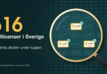 Svenska spelbolag – licens, trygghet och tre kända aktörer Illustration av ett rutnät med 616 små licenskort där ett förstoringsglas lyfter fram tre guldfärgade kort märkta ”LICENS” med sköld och grön bock, bredvid texten ”616 spellicenser i Sverige – Tre kända aktörer under luppen”.