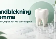 Illustration av en vit tand, en genomskinlig blekskena, blekningsremsor och en blekningspenna med rubriken ”Tandblekning hemma”.