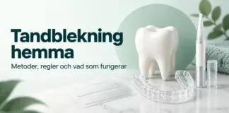 Tandblekning hemma – metoder, regler och vad som faktiskt fungerar Illustration av en vit tand, en genomskinlig blekskena, blekningsremsor och en blekningspenna med rubriken ”Tandblekning hemma”.