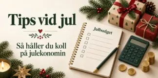 Illustration av en julbudget med miniräknare, mynt, julklappar och grankvistar intill texten ”Tips vid jul – Så håller du koll på julekonomin”.