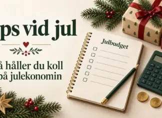 Tips vid jul – så håller du koll på julekonomin Illustration av en julbudget med miniräknare, mynt, julklappar och grankvistar intill texten ”Tips vid jul – Så håller du koll på julekonomin”.