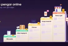 Tjäna pengar online: realistiska sätt och vad de faktiskt ger Illustration av en trappa där varje steg är ett webbläsarfönster – Mikrojobb, Sälja begagnat, Frilansa, Skapa innehåll och Starta eget – med växande myntstaplar mot nivåerna Fickpengar, Extrainkomst och Heltidslön, medan en trasig stege med skylten ”Snabb genväg?” står lutad bredvid.