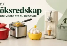Fem smarta köksprylar – riskokare, fritös, äggkokare, mjukglassmaskin och kylväska – under rubriken ”Topp 5 köksredskap du inte visste att du behövde”.