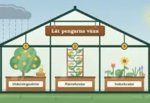 Topp 3 bästa och säkraste investeringsmetoderna Illustration av ett växthus med skylten ”Låt pengarna växa” som skyddar tre numrerade odlingslådor – ett träd med guldmynt där ett mynt faller ner i en korg (Utdelningsaktier), en klätterväxt med jämnt fördelade mynt på en spaljé (Räntefonder) och en blandad plantering av många olika växter (Indexfonder) – medan regnet faller utanför till vänster och ett solur står i solen till höger.