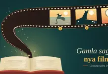 Topp 3 historier du kan hitta i moderna filmer på Netflix Illustration av en uppslagen sagobok som en filmremsa virvlar upp ur, med tre numrerade rutor som visar en ankunge vars spegelbild i vattnet är en svan, en varg som ylar mot månen ovanför fåren och en glastoffel framför en klocka som slår tolv, bredvid texten ”Gamla sagor, nya filmer – Sensmoralen lever kvar”.