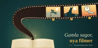 Topp 3 historier du kan hitta i moderna filmer på Netflix Illustration av en uppslagen sagobok som en filmremsa virvlar upp ur, med tre numrerade rutor som visar en ankunge vars spegelbild i vattnet är en svan, en varg som ylar mot månen ovanför fåren och en glastoffel framför en klocka som slår tolv, bredvid texten ”Gamla sagor, nya filmer – Sensmoralen lever kvar”.
