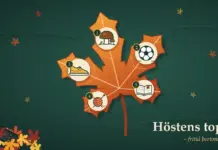 Topp 5 aktiviteter att ägna sin lediga tid åt i höst Illustration av ett stort orangerött lönnlöv mot en mörkgrön bakgrund, där lövets fem flikar bär numrerade medaljonger med svampar, en fotboll, en uppslagen bok, ett garnnystan med stickor och en löparsko, medan en avstängd fjärrkontroll ligger halvt begravd i en lövhög och texten ”Höstens topp 5 – fritid bortom skärmen” står i hörnet.