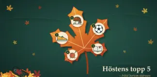 Topp 5 aktiviteter att ägna sin lediga tid åt i höst Illustration av ett stort orangerött lönnlöv mot en mörkgrön bakgrund, där lövets fem flikar bär numrerade medaljonger med svampar, en fotboll, en uppslagen bok, ett garnnystan med stickor och en löparsko, medan en avstängd fjärrkontroll ligger halvt begravd i en lövhög och texten ”Höstens topp 5 – fritid bortom skärmen” står i hörnet.