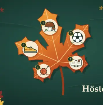 Topp 5 aktiviteter att ägna sin lediga tid åt i höst Illustration av ett stort orangerött lönnlöv mot en mörkgrön bakgrund, där lövets fem flikar bär numrerade medaljonger med svampar, en fotboll, en uppslagen bok, ett garnnystan med stickor och en löparsko, medan en avstängd fjärrkontroll ligger halvt begravd i en lövhög och texten ”Höstens topp 5 – fritid bortom skärmen” står i hörnet.
