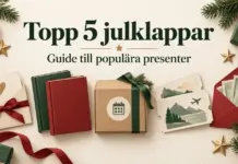 Julklappsguide med presentkort, böcker, en prenumerationsbox, resebiljetter och pengar bland granris och paket under rubriken ”Topp 5 julklappar”.