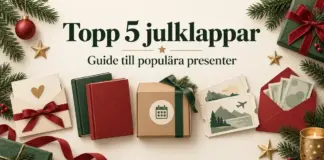 Julklappsguide med presentkort, böcker, en prenumerationsbox, resebiljetter och pengar bland granris och paket under rubriken ”Topp 5 julklappar”.