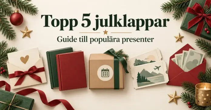 Topp 5 julklappar – guide till populära presenter Julklappsguide med presentkort, böcker, en prenumerationsbox, resebiljetter och pengar bland granris och paket under rubriken ”Topp 5 julklappar”.