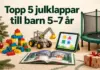 Topp 5 julklappar till barn 5–7 år Julklappstips för barn 5–7 år med byggklossar, en byggsats, en bilderbok, en surfplatta och en studsmatta med skyddsnät bland julklappar och granris.