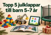 Julklappstips för barn 5–7 år med byggklossar, en byggsats, en bilderbok, en surfplatta och en studsmatta med skyddsnät bland julklappar och granris.