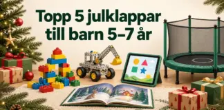 Julklappstips för barn 5–7 år med byggklossar, en byggsats, en bilderbok, en surfplatta och en studsmatta med skyddsnät bland julklappar och granris.