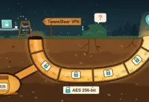Illustration av en lysande underjordisk tunnel med björnspår och hänglåsta datapaket som går från en laptop vid ett kafé med skylten ”Öppet Wi-Fi” till en kartnål på andra sidan, förbi en spanande kikare i en buske, med en skylt märkt ”TunnelBear VPN”, en honungsburk med ”2 GB gratis/mån” och en bricka med ”AES 256-bit”.
