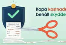 Illustration av en mörkblå sköld som slukar ett mynt och skriver ut ett allt längre kvitto med stigande årspriser för ”Virusskydd Plus”, där en korallröd sax är på väg att klippa vid linjen ”säg upp här” bredvid texten ”Kapa kostnaden, behåll skyddet.”